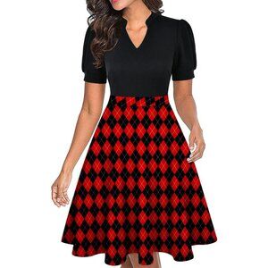 Women Black+plaid Short Puff Sleeve Flare Semi-Formal Summer Dress With Pockets